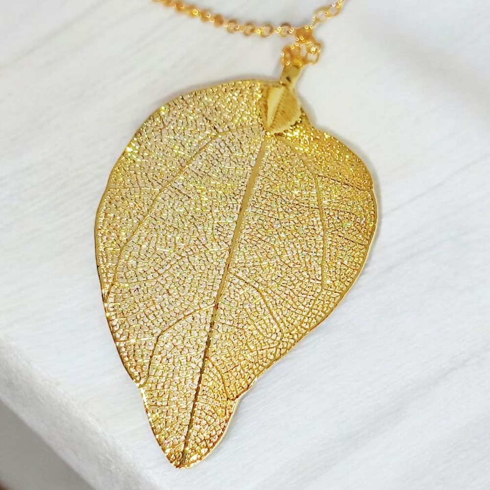 Gold Leaf Pendant Necklace Earth Art Modern Retro Glam New Age Grunge Whimsygoth - Picture 4 of 11
